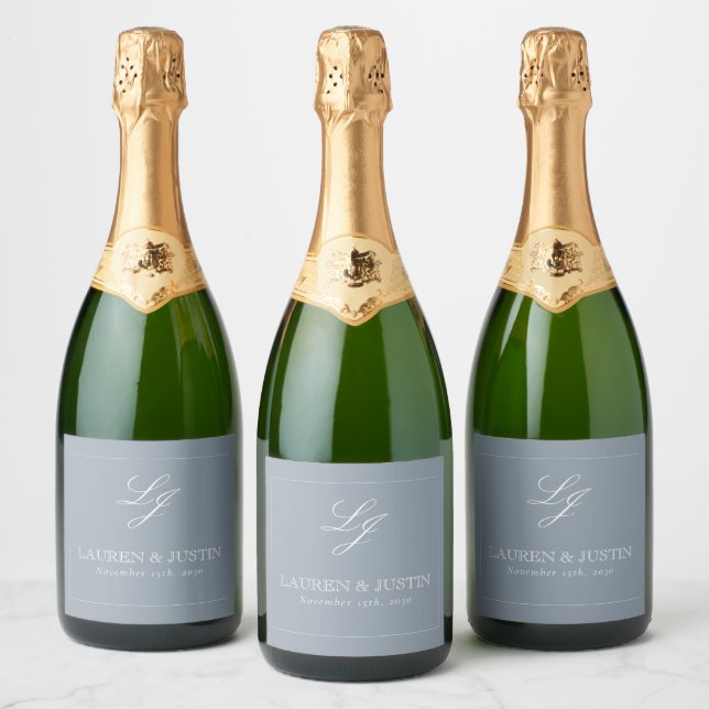 Classic Dusty Blue Elegant Monogram Script Wedding Sparkling Wine Label (Bottles)