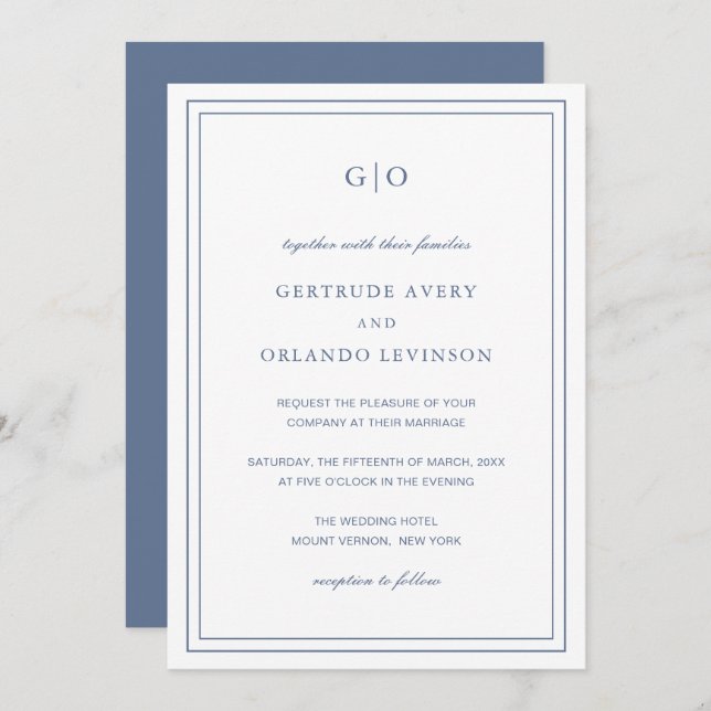 Classic Dusty Blue Elegant Wedding Invitation (Front/Back)