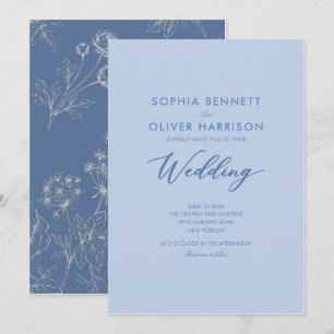 classic dusty blue floral chinoiserie wedding invitation