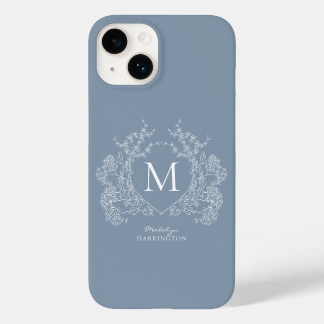 Classic Dusty Blue Floral Crest Monogram Case-Mate iPhone Case (Back)