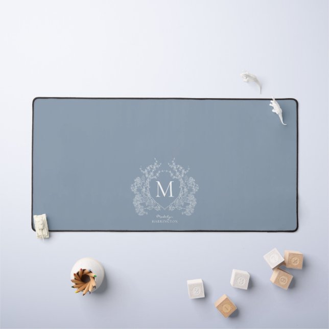 Classic Dusty Blue Floral Crest Monogram Desk Mat (Kids Table)