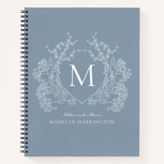 Classic Dusty Blue Floral Crest Monogram Journal (Front)