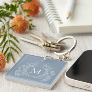 Classic Dusty Blue Floral Crest Monogram Key Ring