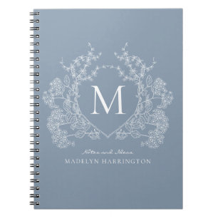 Classic Dusty Blue Floral Crest Monogram Notebook