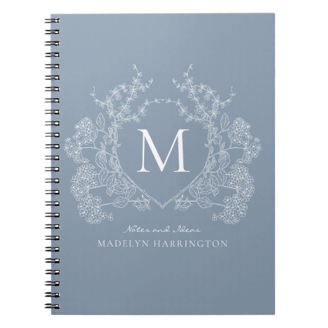 Classic Dusty Blue Floral Crest Monogram Notebook (Front)