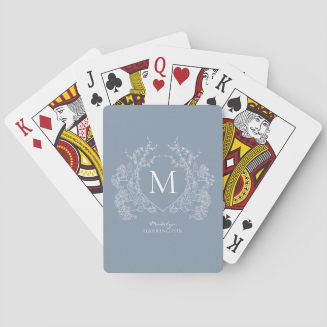 Classic Dusty Blue Floral Crest Monogram Playing Cards (Back)
