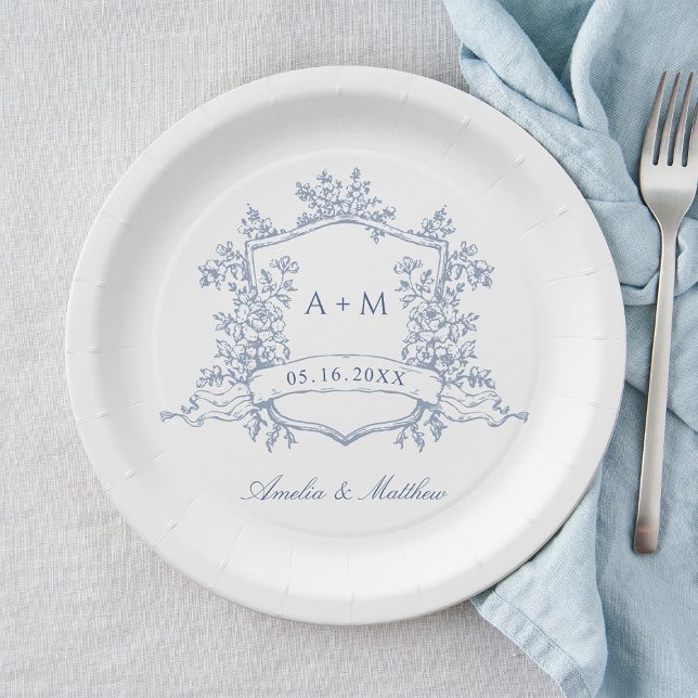 Classic Dusty Blue Floral Crest Monogram Wedding Paper Plate (Creator Uploaded)