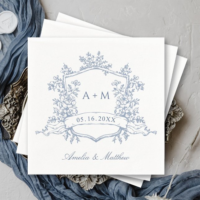 Classic Dusty Blue Floral Crest Monograms Wedding Napkin (Creator Uploaded)
