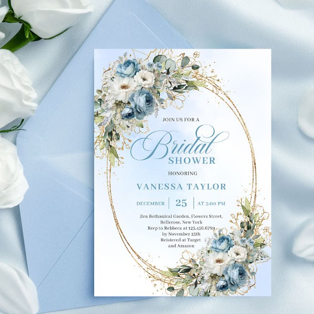 Classic Dusty Blue Floral Eucalyptus Bridal Shower Invitation (Classic Dusty Blue Floral Eucalyptus Bridal Shower Invite)