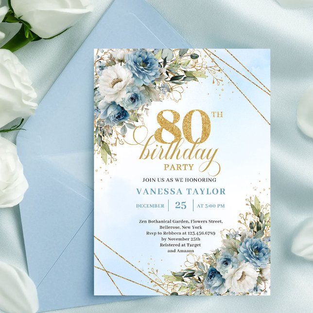 Classic Dusty Blue Floral Gold 80th Birthday Invit Invitation (Classic Dusty Blue Floral Gold 80th Birthday Invite Set

)