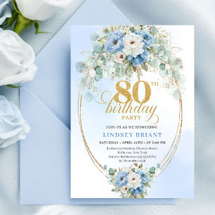Classic Dusty Blue Floral Gold Frame 80th Birthday Invitation