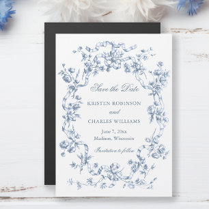 Classic Dusty Blue Flowers & Ribbons Save the Date Magnetic Invitation