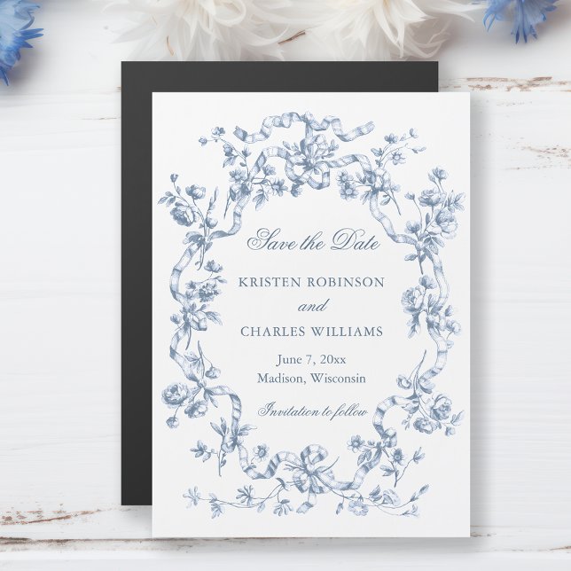 Classic Dusty Blue Flowers & Ribbons Save the Date Magnetic Invitation (Creator Uploaded)