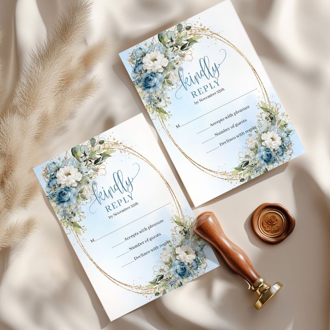 Classic Dusty Blue Gold Frame Wedding RSVP Card (Classic Dusty Blue Gold Frame Wedding RSVP)