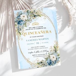 Classic Dusty Blue Gold Greenery Quince Invitation