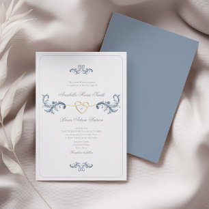 Classic Dusty Blue Gold Heart Wedding Invitation
