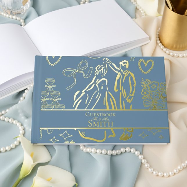Classic Dusty Blue Hand Drawn Wedding Sketch Art  Guest Book (Remember your special day with this keepsake Gold Foil Guest Book!)