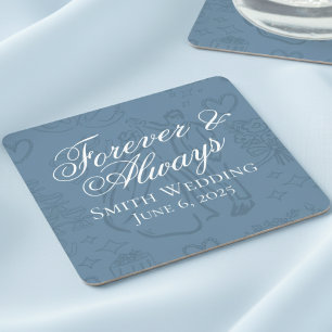 Classic Dusty Blue Hand Drawn Wedding Sketch Art  Square Paper Coaster