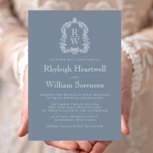 Classic Dusty Blue Monogram Crest Script Invitation