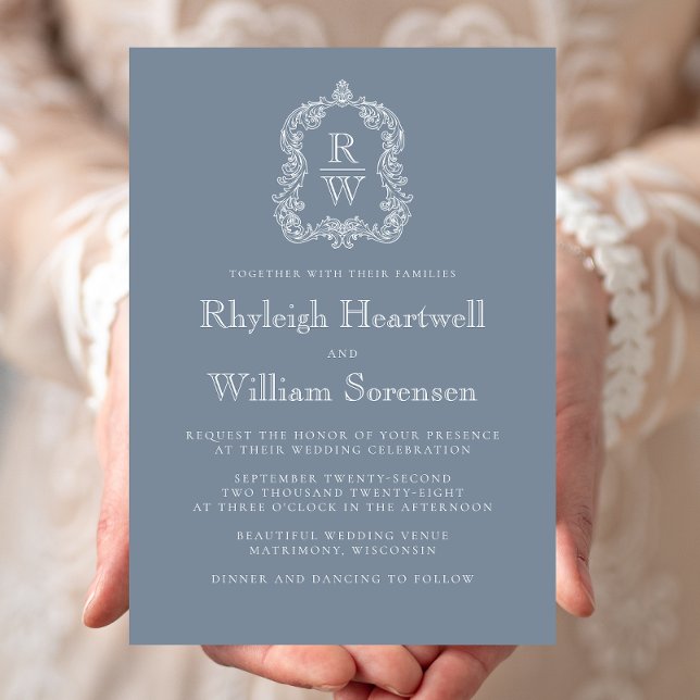 Classic Dusty Blue Monogram Crest Wedding Invitation (Creator Uploaded)