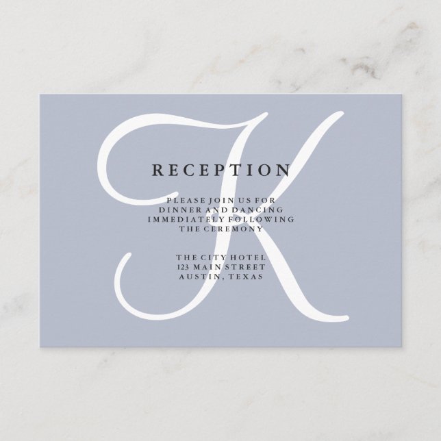 Classic Dusty Blue Monogram Wedding Reception Enclosure Card (Front)