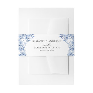 Classic Dusty Blue Rose Floral Wedding  Invitation Belly Band