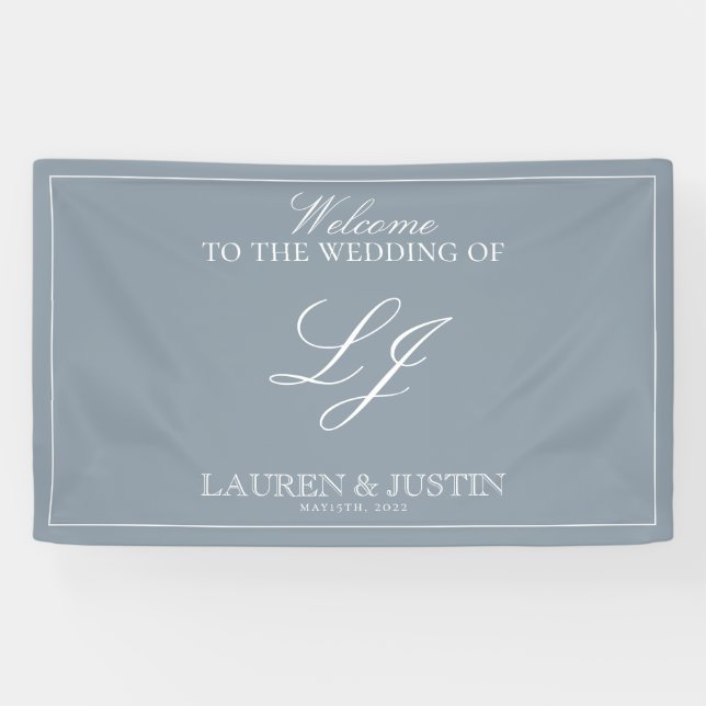 Classic Dusty Blue Script Modern Monogram Welcome Banner (Horizontal)