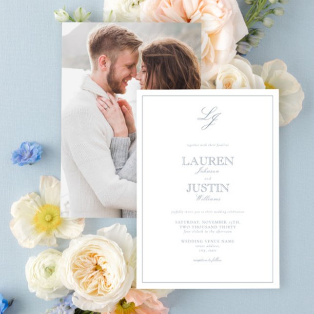 Classic Dusty Blue Script Monogram Photo Wedding Invitation (Creator Uploaded)