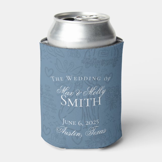 Classic Dusty Blue Sketch Art Wedding Favour Can Cooler (Can Front)