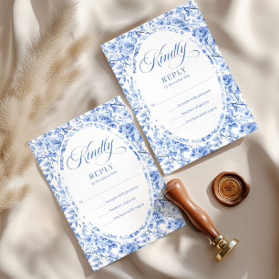 Classic Dusty Blue Toile Roses Custom Wedding RSVP Card