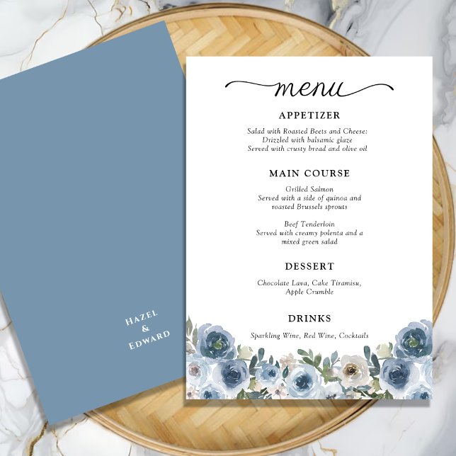 Classic Dusty Blue Watercolor Floral Wedding Menu (Classic Dusty Blue Watercolor Floral Wedding Menu)