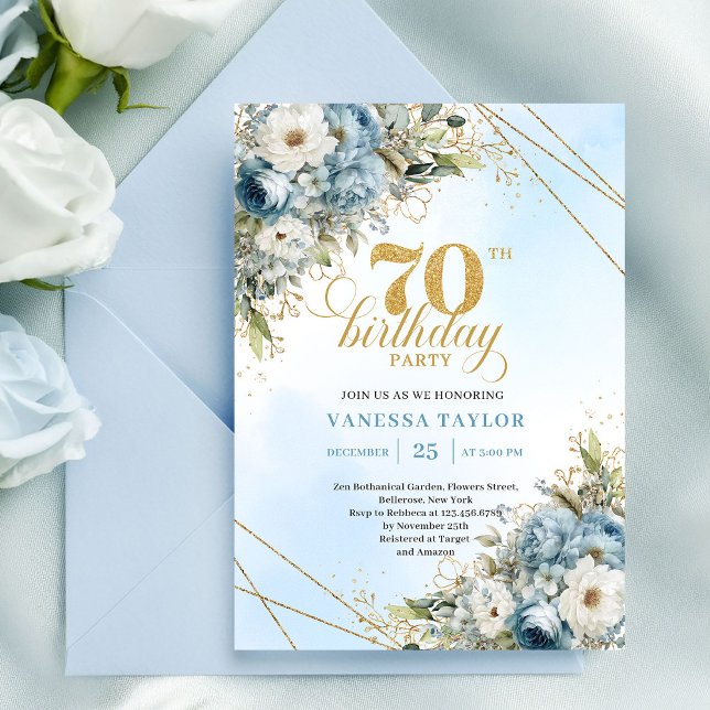 Classic dusty blue watercolor florals 70 birthday invitation (Classic dusty blue watercolor florals 70th birthday

)