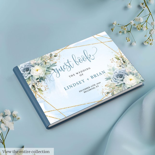 Classic Dusty Blue White Gold Flowers Guest Book (Classic Dusty Blue White Gold Flowers Guest Book)