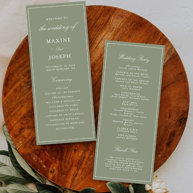 Classic Dusty Green Script Wedding Programme (Classic dusty green wedding programs guide guests through your celebration with timeless elegance.)