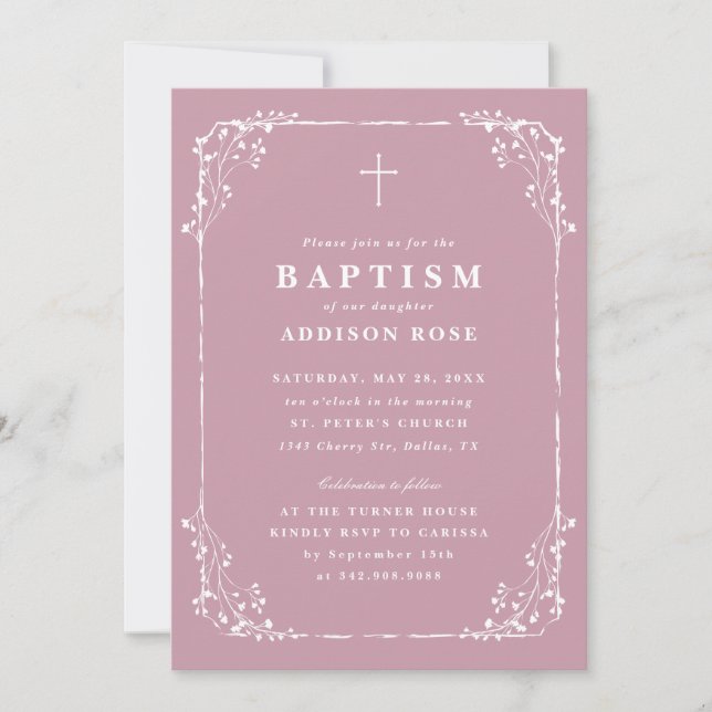 Classic Dusty Pink Dainty Floral Frame Baptism Invitation (Front)