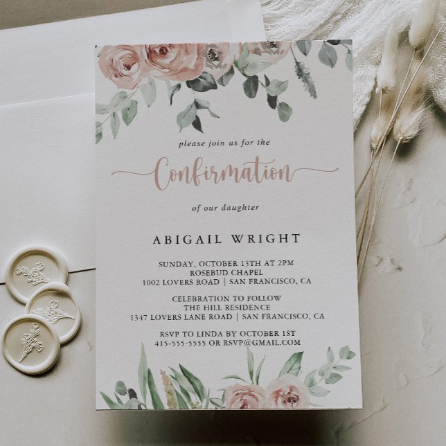 Classic Dusty Pink Rose Floral Confirmation   Invitation (Creator Uploaded)