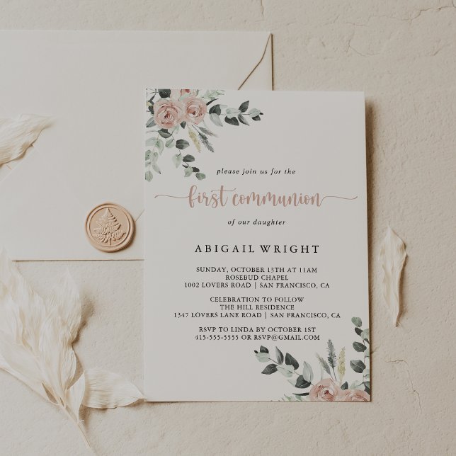 Classic Dusty Pink Rose Floral First Communion  Invitation (Creator Uploaded)