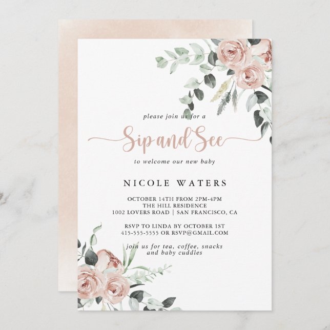 Classic Dusty Pink Rose Floral Sip and See  Invitation (Front/Back)