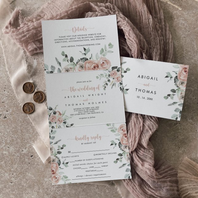 Classic Dusty Pink Rose Floral Wedding Tri-Fold Invitation (Creator Uploaded)