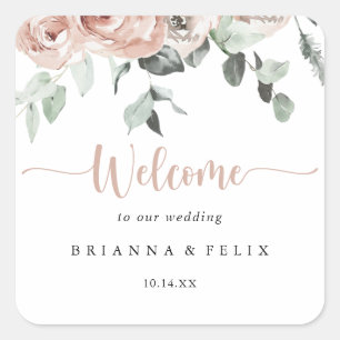 Classic Dusty Pink Rose Floral Wedding Welcome   Square Sticker