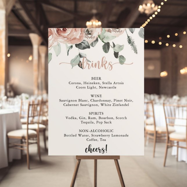 Classic Dusty Pink Rose Wedding Drinks Menu Sign (Creator Uploaded)