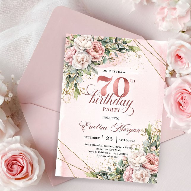 Classic Dusty Pink Watercolor Floral 70th Birthday Invitation (Classic Dusty Pink Watercolor Floral 70th Birthday Invitation)
