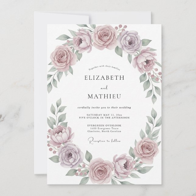 Classic Dusty Plum Wreath Wedding Invitation (Front)