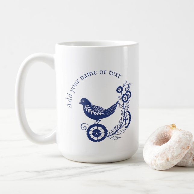 Classic Dutch Blue Delft Tile Bird Design Coffee Mug (With Donut)