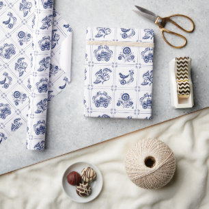 Classic Dutch Blue Delft Tile Floral & Bird Wrapping Paper