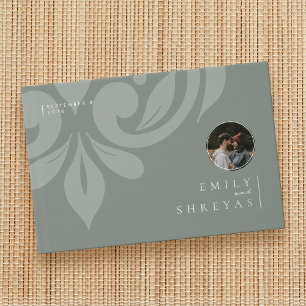 Classic Earthy Damask Sage Olive Photo Wedding Guest Book