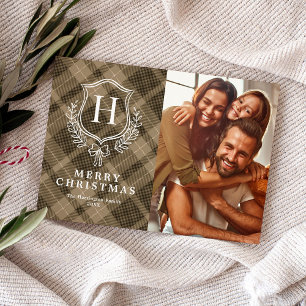 Classic Earthy Plaid Monogram Photo Christmas Holiday Card