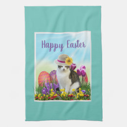 Classic Easter Design with Cat in a Hat Holiday Tea Towel