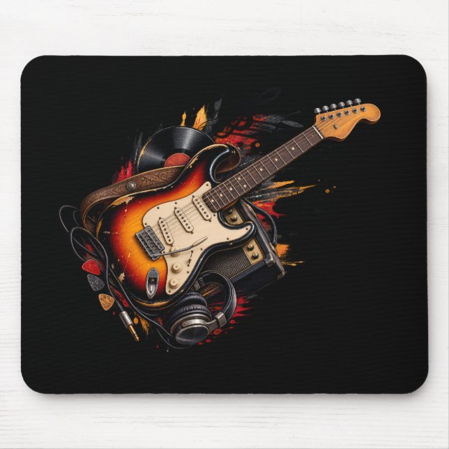 Classic Electric Guitar & Vinyl Record Mouse Pad  (Front)