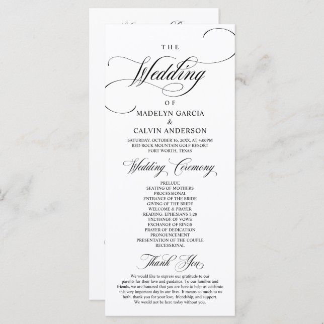 Classic Elegance Black Script, Wedding Ceremony  P Programme (Front/Back)